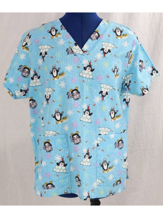 Allheart Tops - Scrub Top Womens M Blue Medical Uniform Penguin Snow Winter Utility Holiday VTG